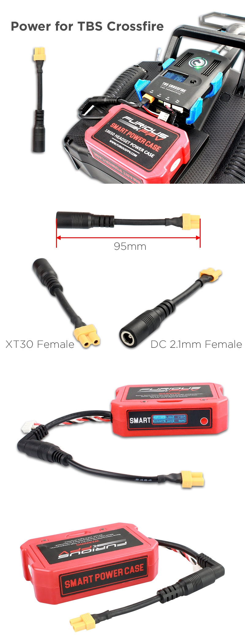 FuriousFPV Power Cable 95mm With XT30 Female and DC 2.1mm Female Plug For SPC-TBS Crossfire TX