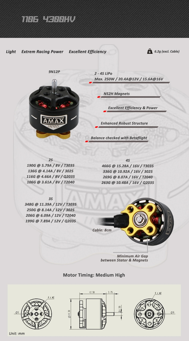 AMAXinno 1106 4300/6300KV 2-4S Brushless Motor for RC Drone FPV Racing 6.2g