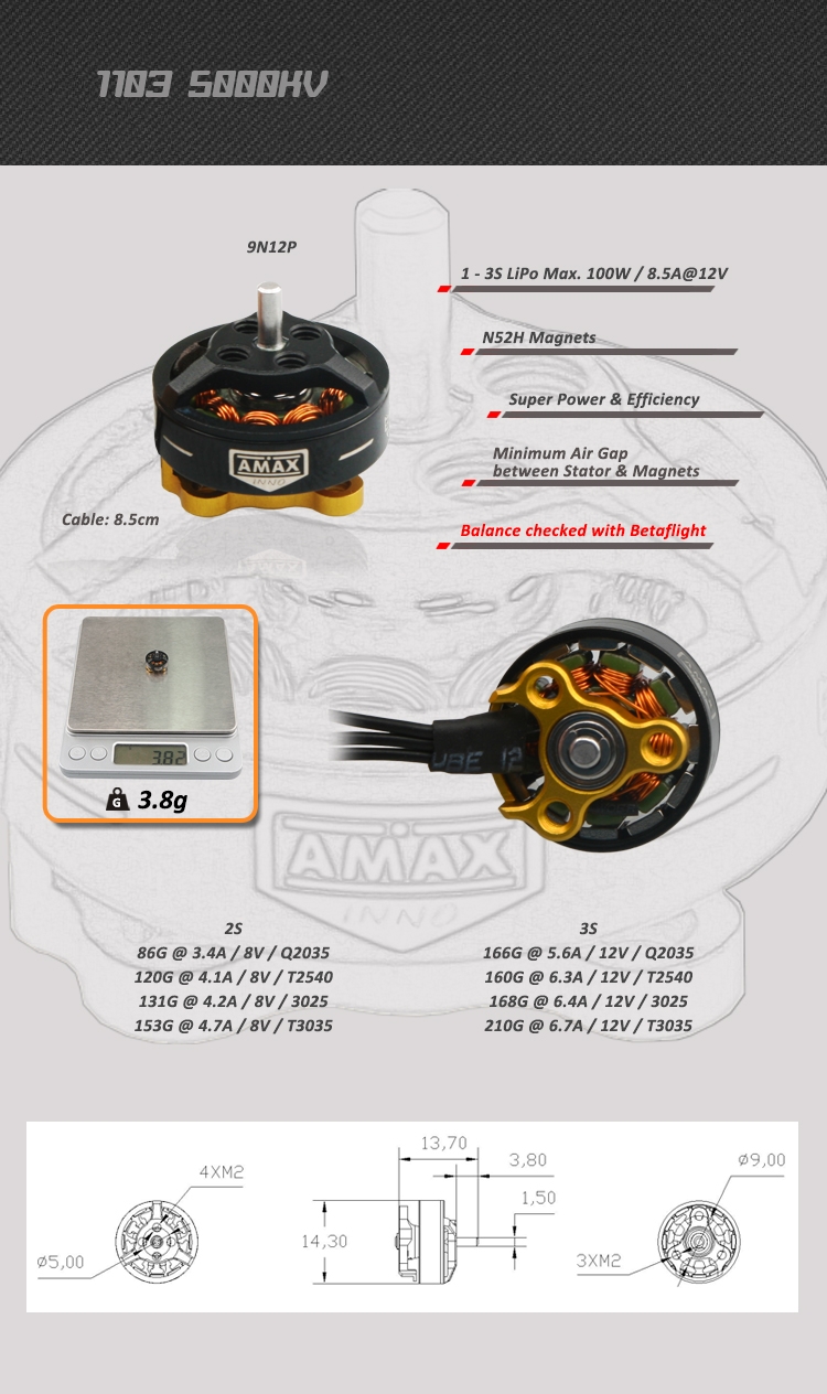 AMAXinno 1103 5000KV 1-3S Brushless Motor 3.7g for RC Drone FPV Racing