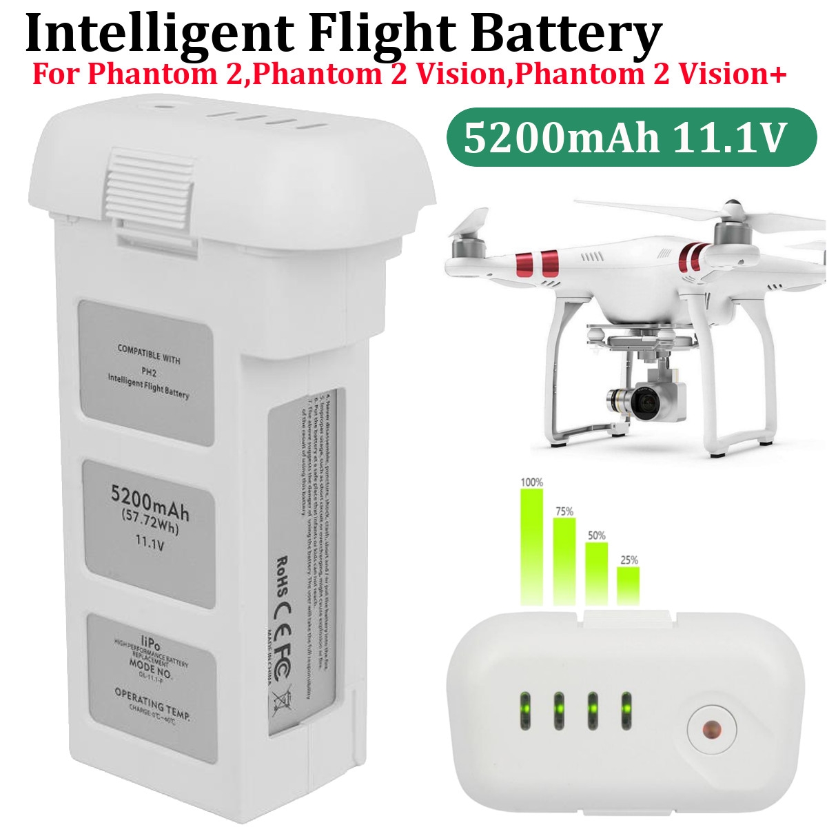 2PCS Intelligent Flight 11.1V 5200mAh 3S Lipo Battery for For DJI Phantom 2 Vision