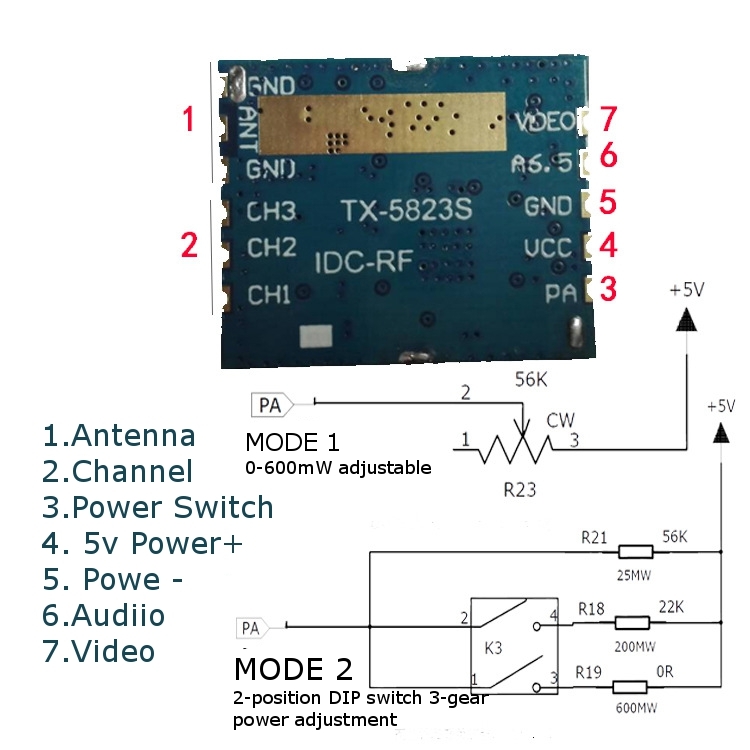 TX-5823S 5.8G 48CH 0-600mW VTX FPV AV Transmitter Module FCC For FPV Racer