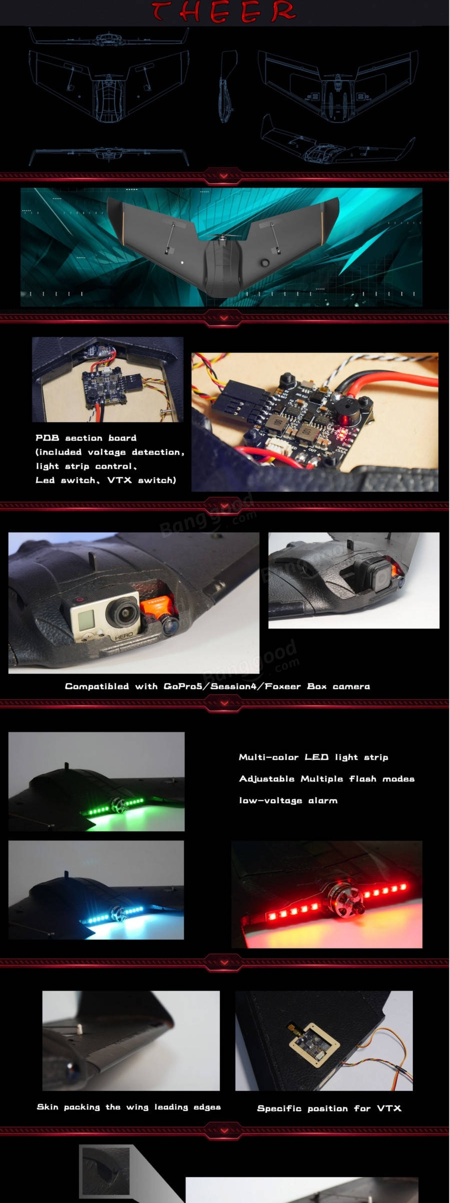 Skyzone THEER 860mm Wingspan EPP FPV Flying Wing RC Airplane KIT With LED Board