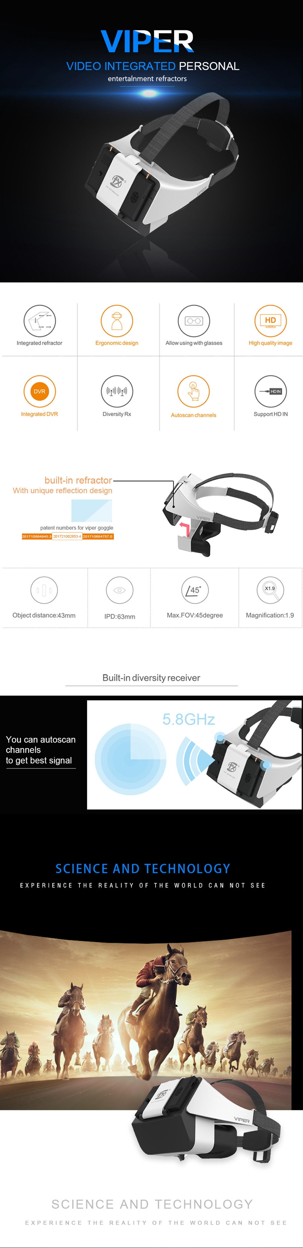 FXT VIPER 5.8GHz Diversity HD FPV Goggles with DVR Built-in Refractor for RC Drone