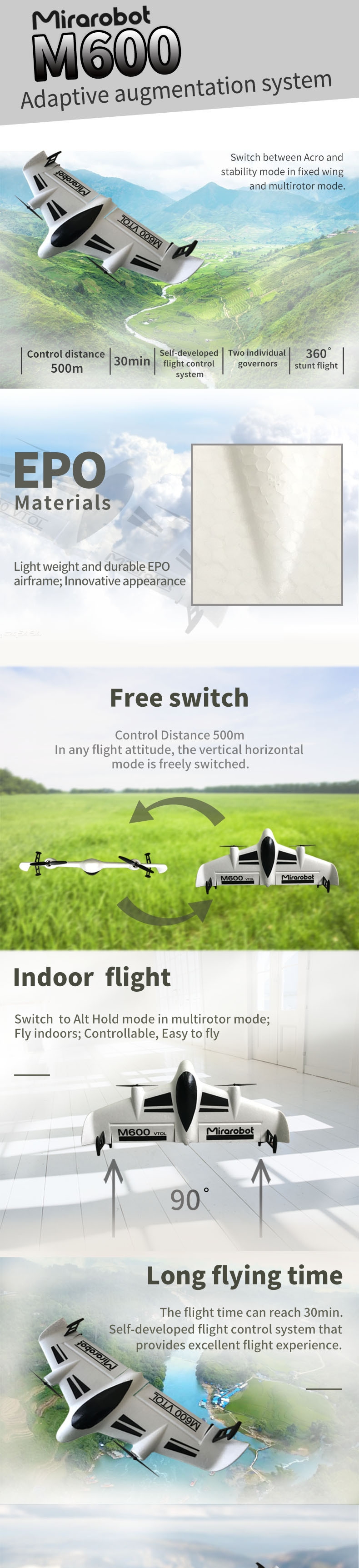 Mirarobot M600 600mm Wingspan VTOL EPO FPV Racer RC Airplane PNP With Flysky/Frsky Receiver