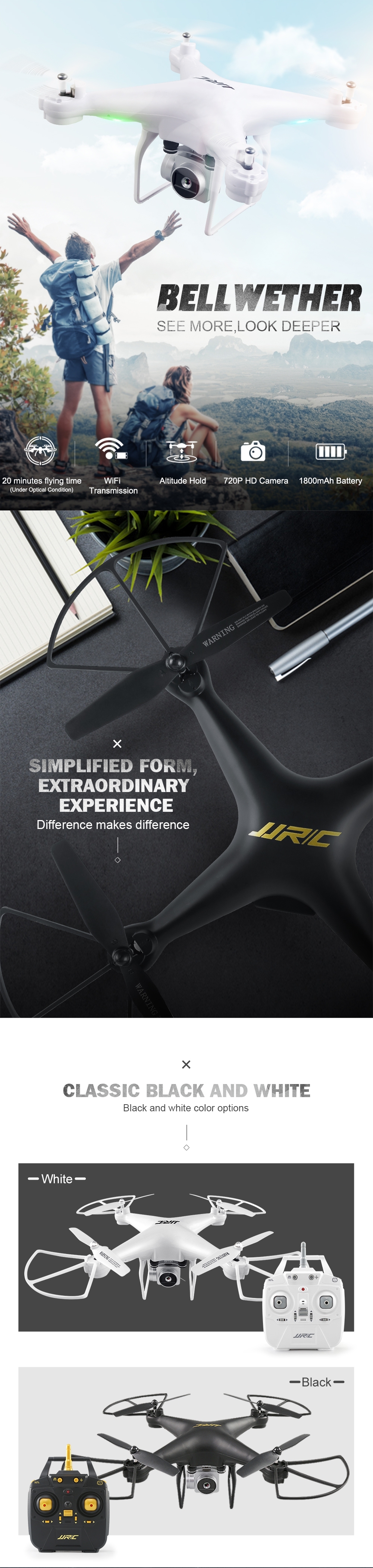 JJRC H68 Bellwether WiFi FPV with 2MP 720P HD Camera 20mins Flight Time RC Drone Quadcopter RTF