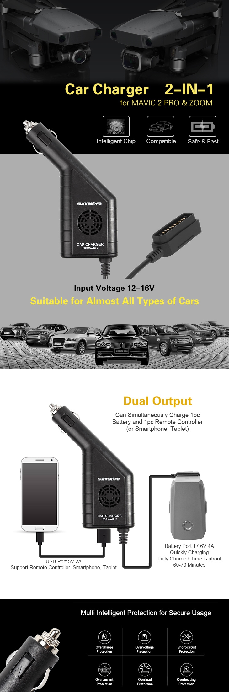2 in 1 Battery USB Car Charger for DJI MAVIC 2 PRO/ZOOM RC Drone Remote Controller