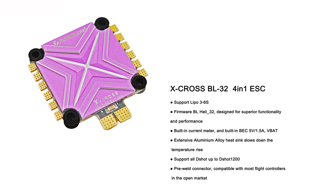 Flycolor X-cross 40A 3-6S Blheli_32 32Bit 5V/1.5A BEC 4 IN 1 FPV Racing Brushless ESC