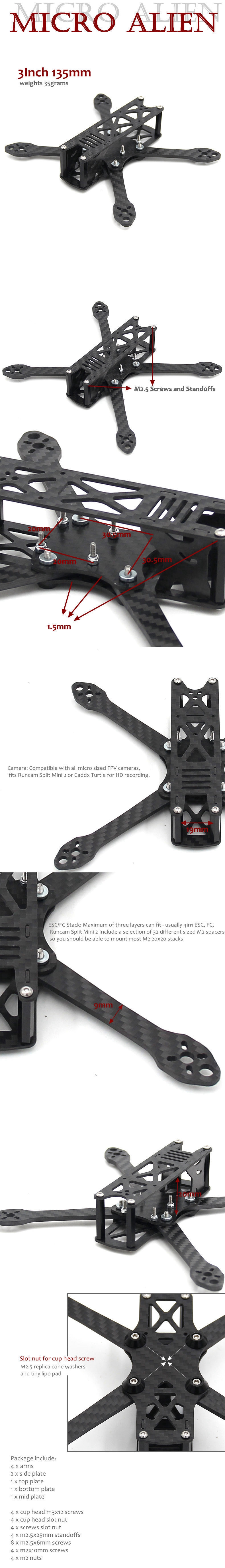 LEACO Micro Alien 3 Inch 135mm Carbon Fiber Frame Kit 2.5mm Arm for RC Drone FPV Racing