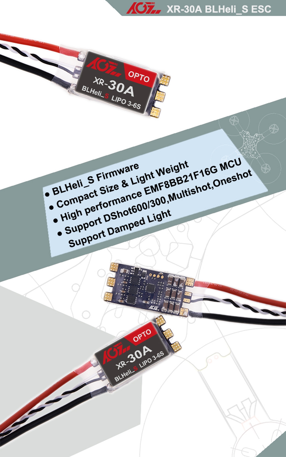 AGFRC XR-30A Dshot600 BLHeli_S 30A Brushless ESC 3-6S OPTO for RC Drone FPV Racing