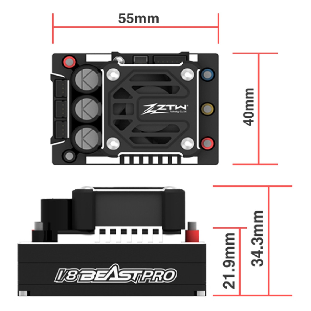 ZTW 1/8 Beast Pro 220A Brushless ESC Full Aluminum Case Waterproof w/ 6V/7.4V Adjustable 8A BEC
