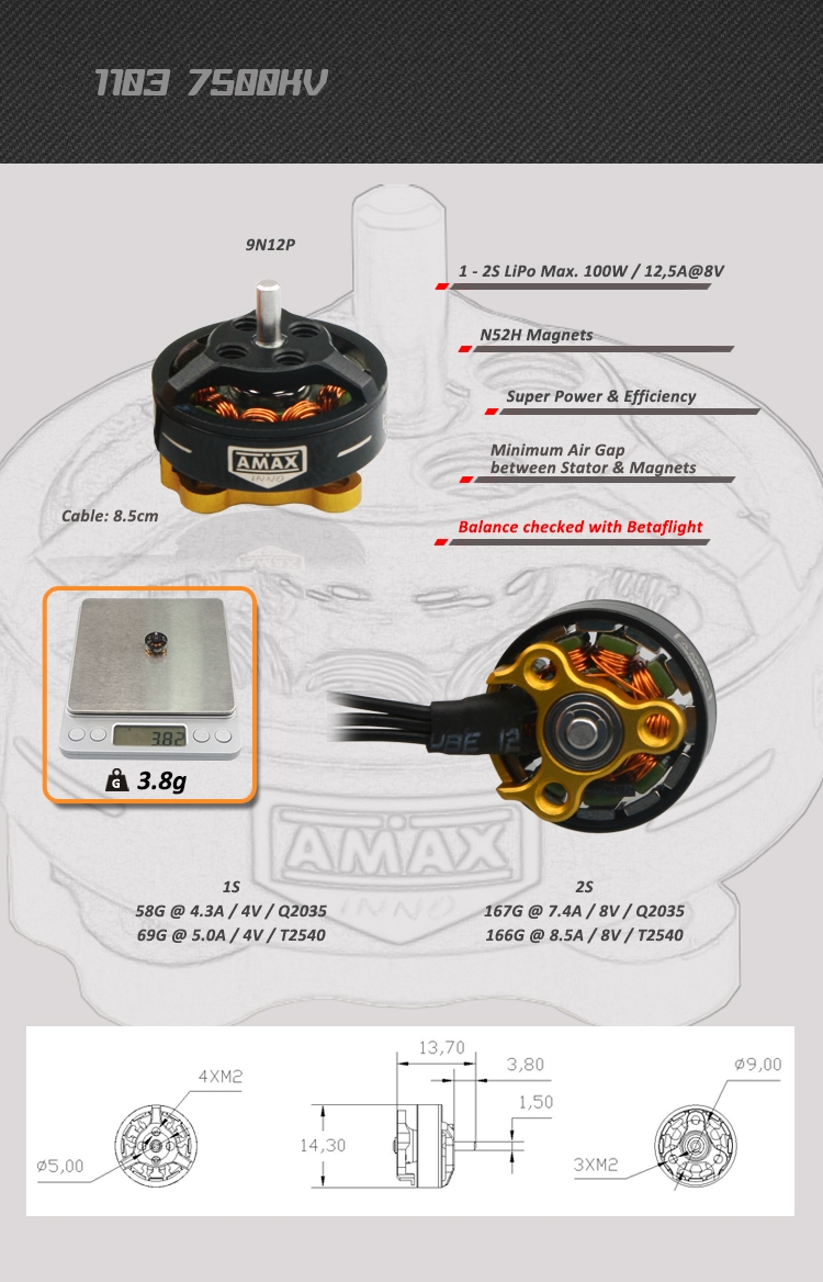 AMAXinno 1103 7500KV 1-2S Brushless Motor for RC Drone FPV Racing 3.8g