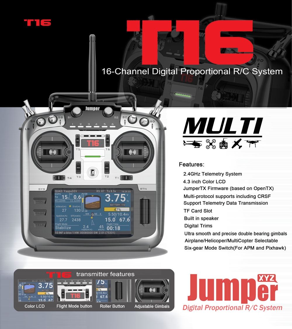 Jumper T16 2.4G 16CH Open Source Multi-protocol Radio Transmitter w/ JP4-in-1 RF Module Compatible JumperTX OpenTX