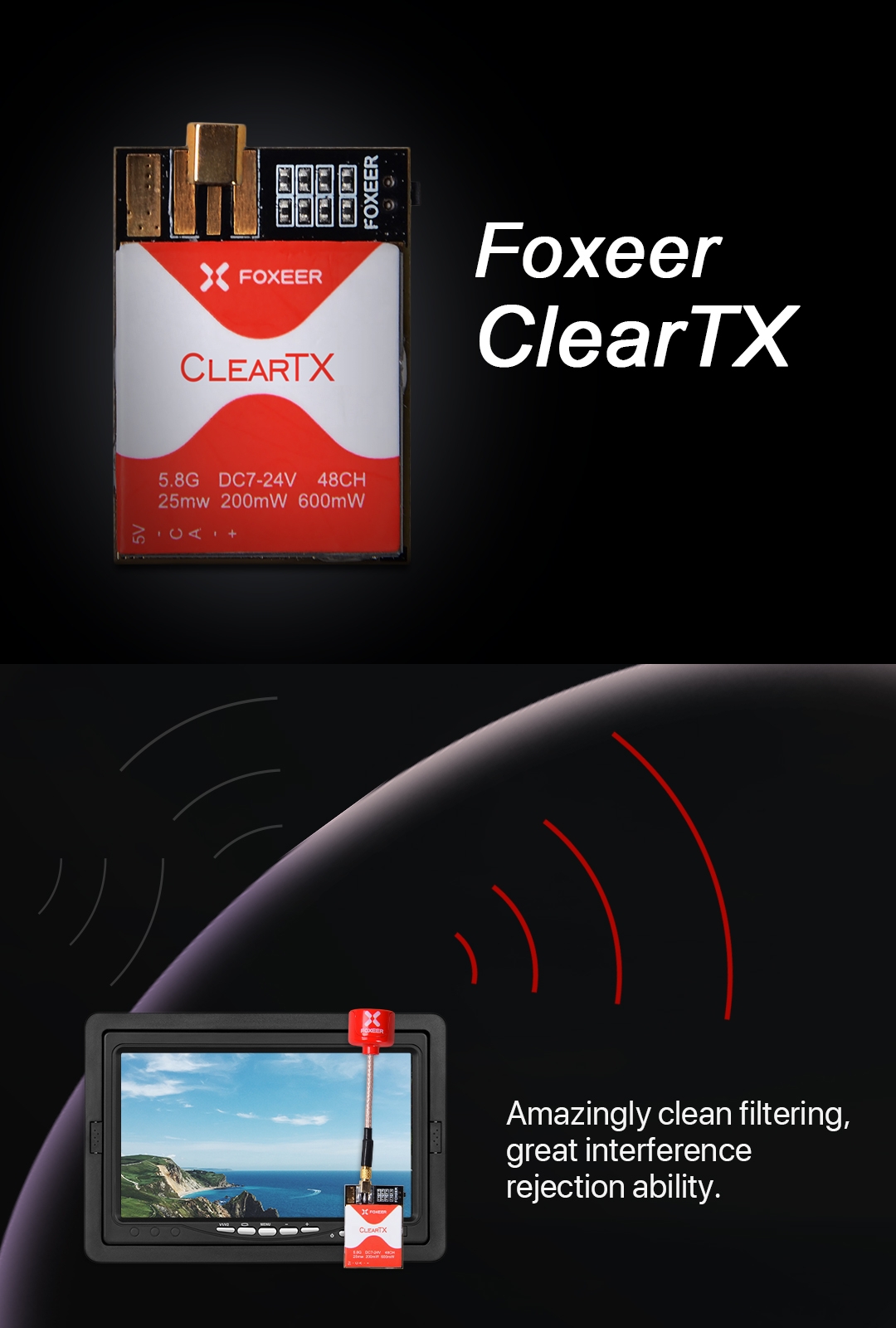 Foxeer ClearTX 5.8G 48CH 25/200/600mW Adjustable Power Video FPV Transmitter w/ Race Band & Pit Mode